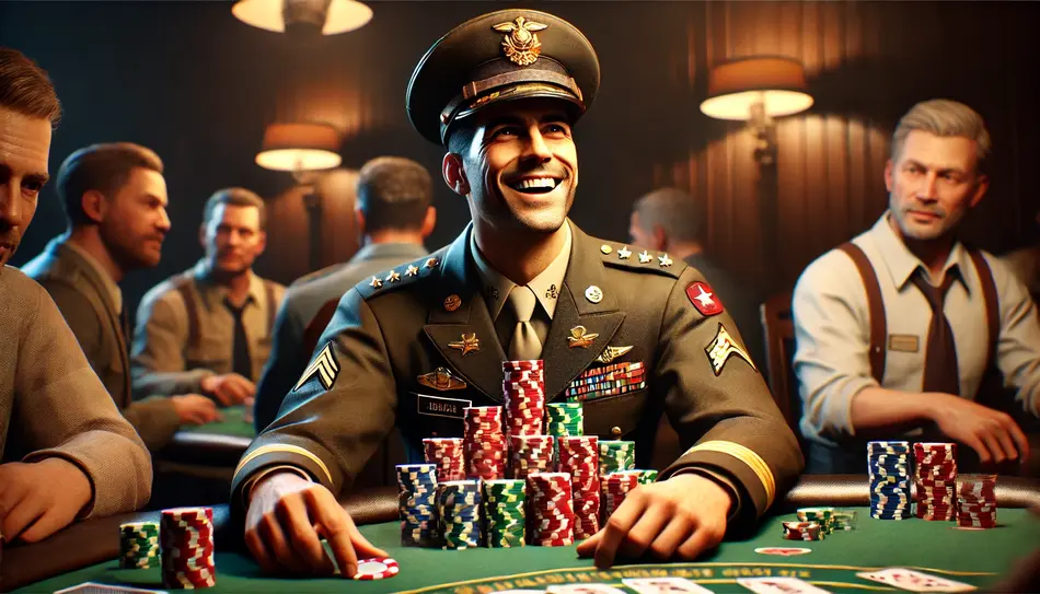 Un general que está contento porque juega al póker