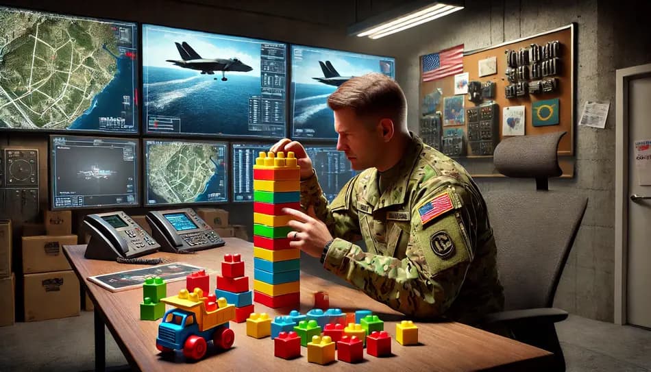 Un militar que juega con juegos para niños