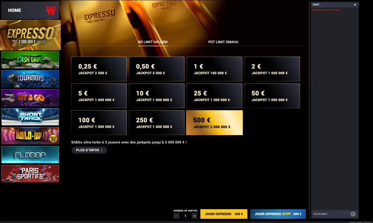Screenshot of the Winamax software lobby with the different Expresso limits