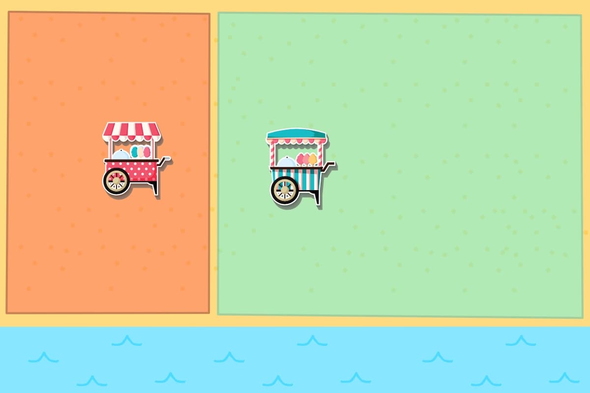Illustration of Nash equilibrium with two ice cream vendors on a beach, showing unequal market share