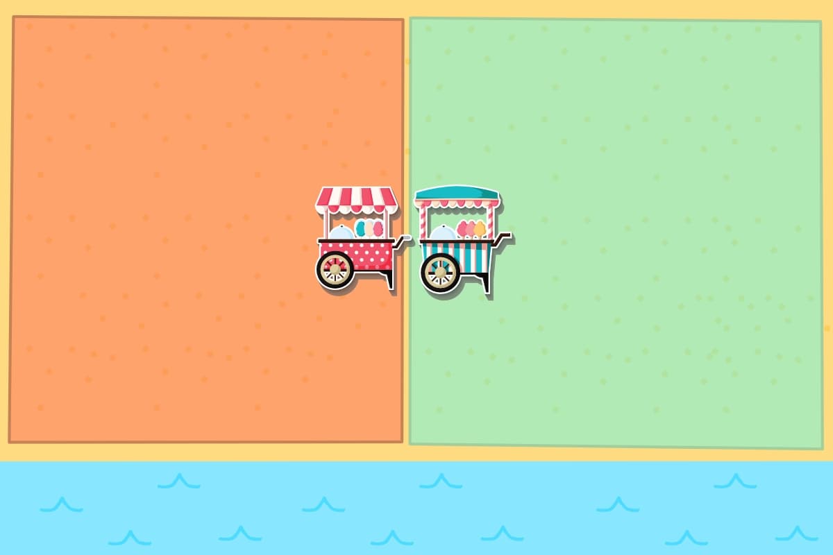 Illustration of Nash equilibrium with two ice cream vendors on a beach, both at the center