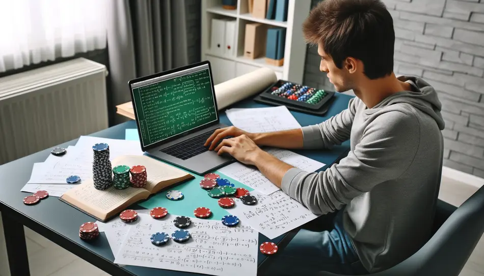 Young man studying poker at home