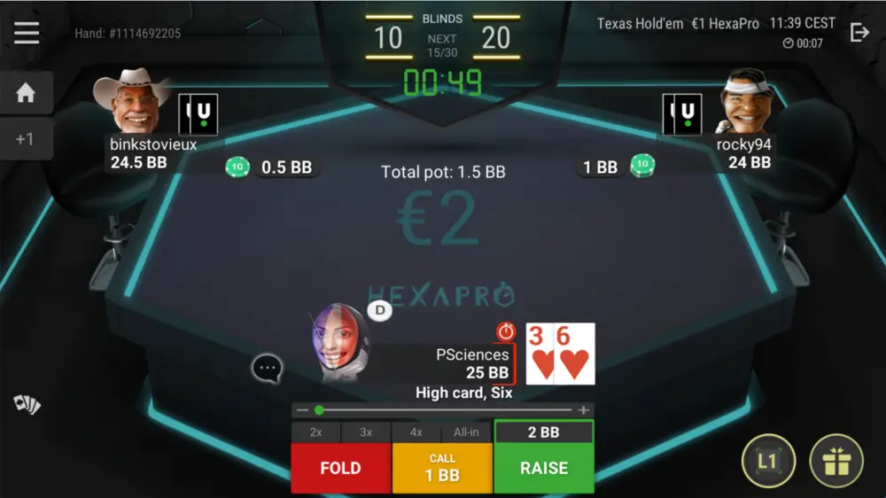 Capture d'écran d'une table d'HexaPro sur Unibet Poker