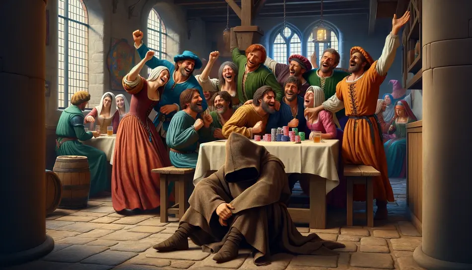 Un hombre con una capa está triste porque perdió dinero en el póker en una taberna mientras sus adversarios celebran