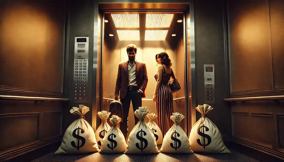 Image of a man and woman in an elevator with bags of money.