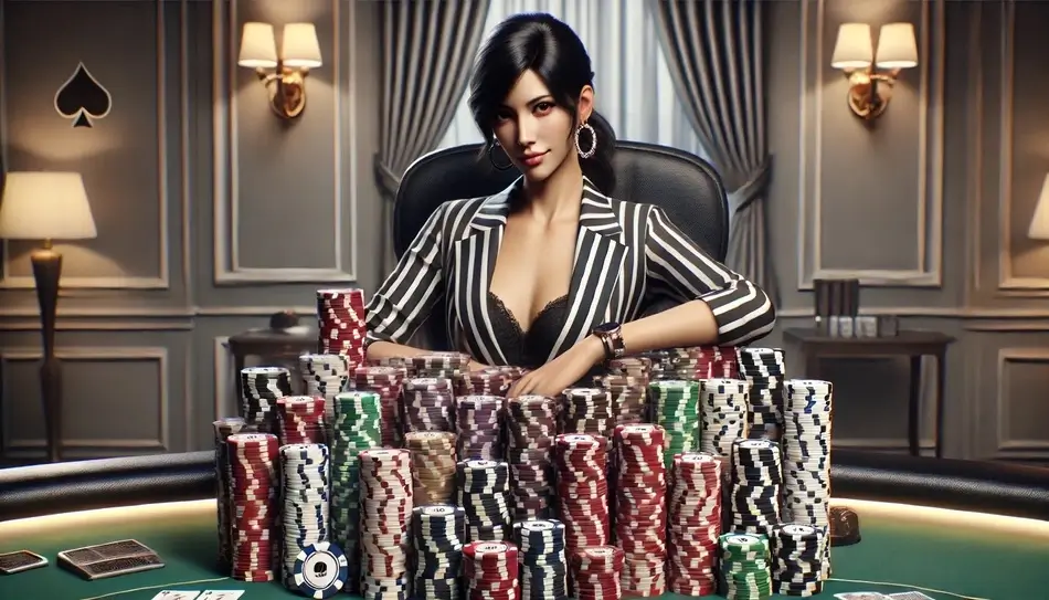 Mujer frente a muchas fichas de póker