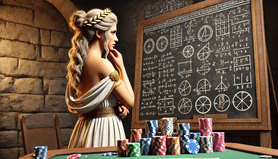 Image of a Greek woman thinking in front of mathematical writings with poker chips