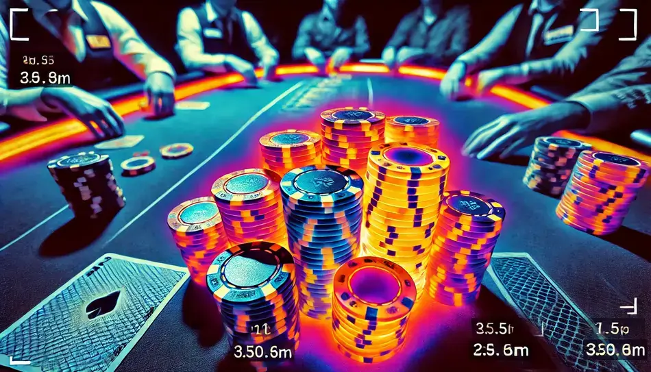 Imagen de un montón de fichas en una mesa de póker vista con una cámara térmica