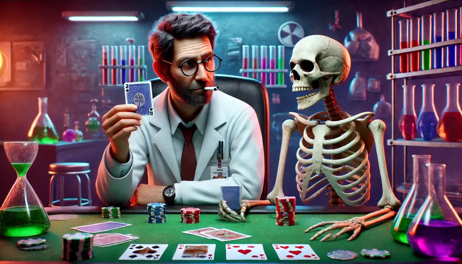 A scientist and a skeleton playing poker