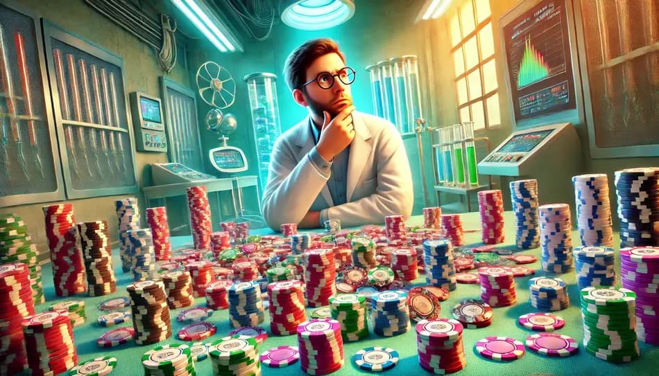 A scientist thinking in front of poker chips