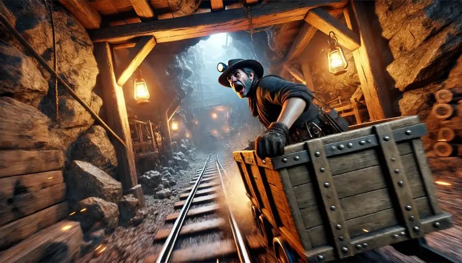 Image of a miner in a mine cart descending at full speed
