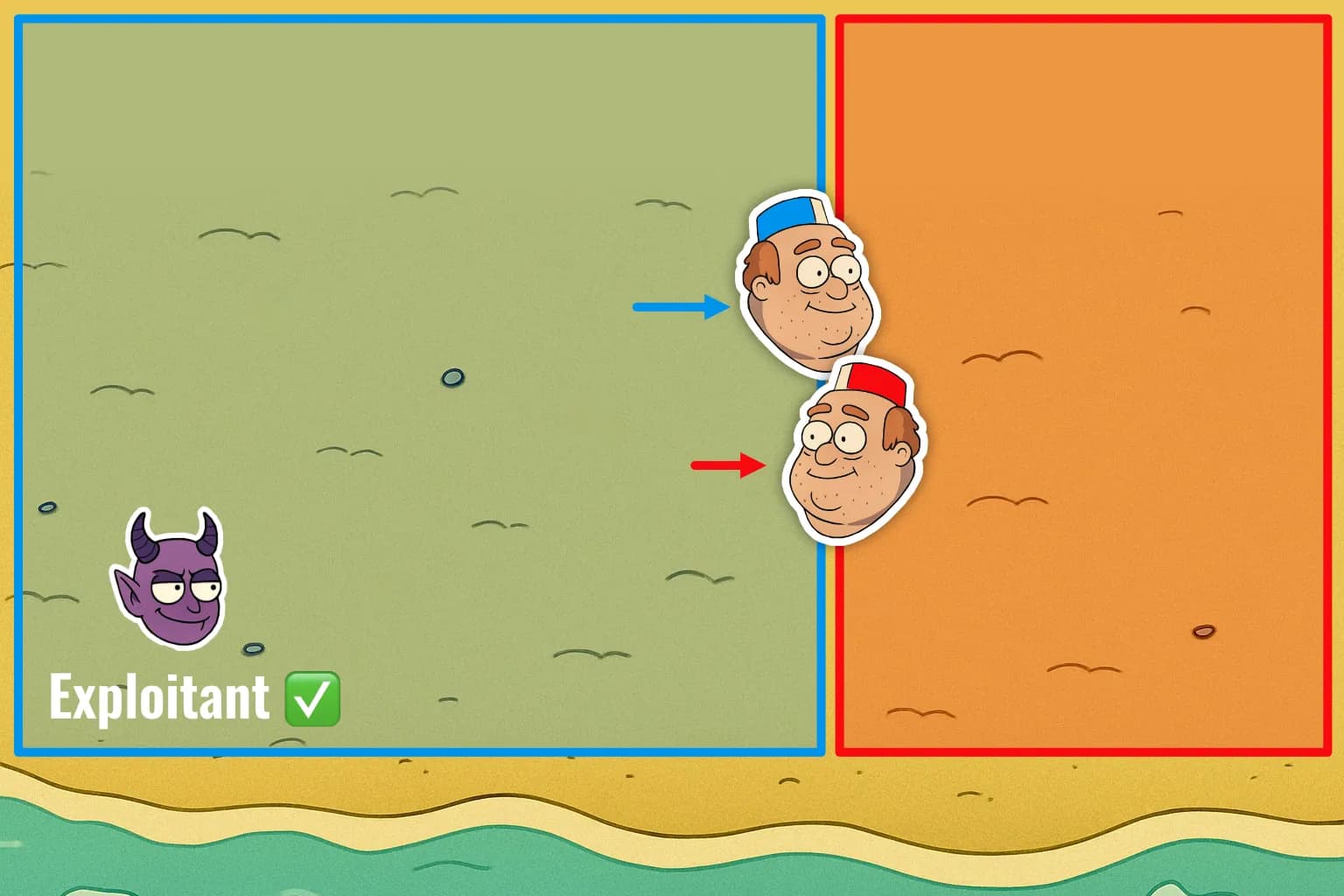 El vendedor azul explota la mala posición del vendedor rojo